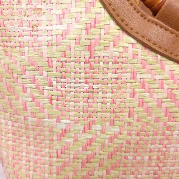 Vintage Fossil Pink and Tan Straw Purse Shoulder Crossbody Bag Wooden Handles - Picture 2 of 15